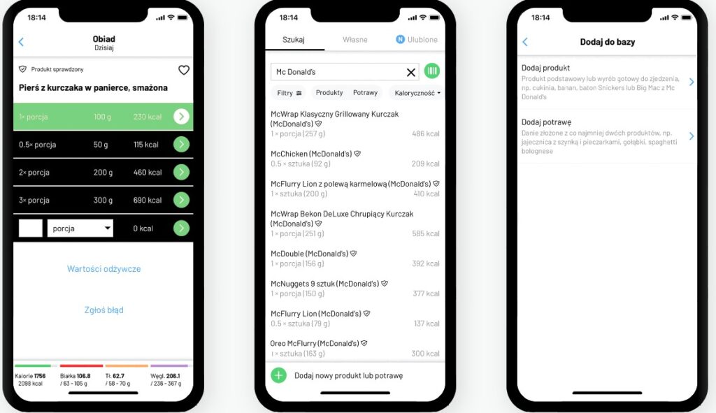 podstawowe funkcjonalności fitatu - baza produktów