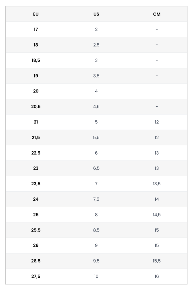 tabela rozmiarów New Balance - niemowlęta