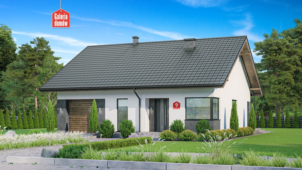 dom parterowy z białymi ścianami i ciemną dachówką dom z białymi ścianami i garażem