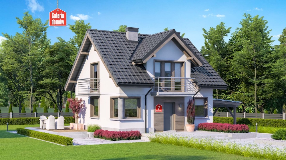 dom z piętrem i balkonami dom z jasną elewacją i ciemnym dachem