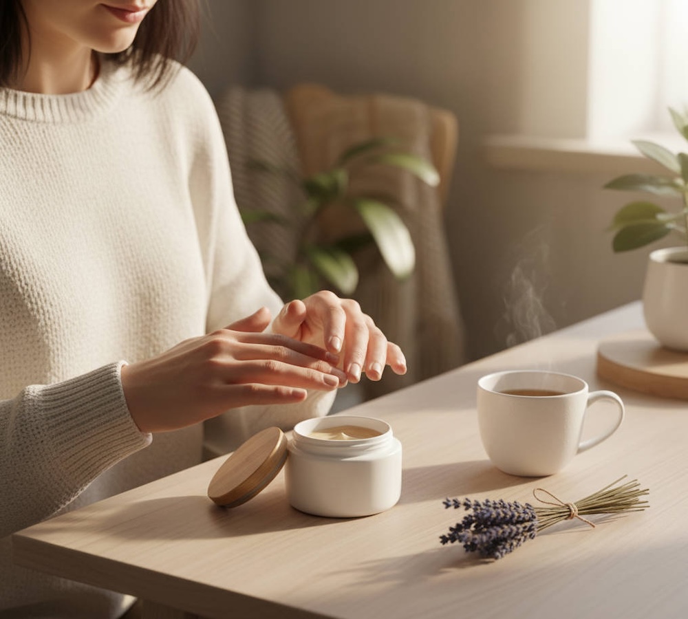 kobieta dbająca o dłonie kremem z pudełka kobieta smarująca dłonie kremem z pudełka