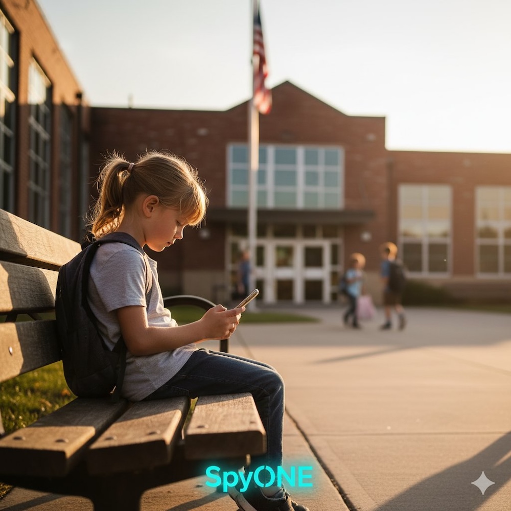 dziecko na ławce pod szkołą z telefonem