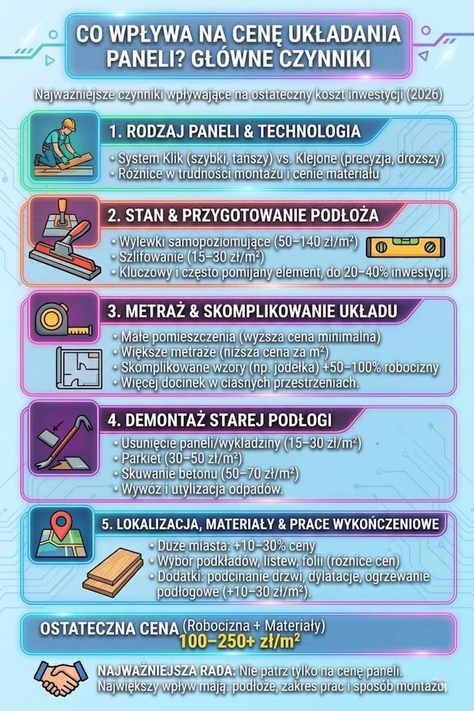 główne czynniki wpływające na cenę układania paneli 