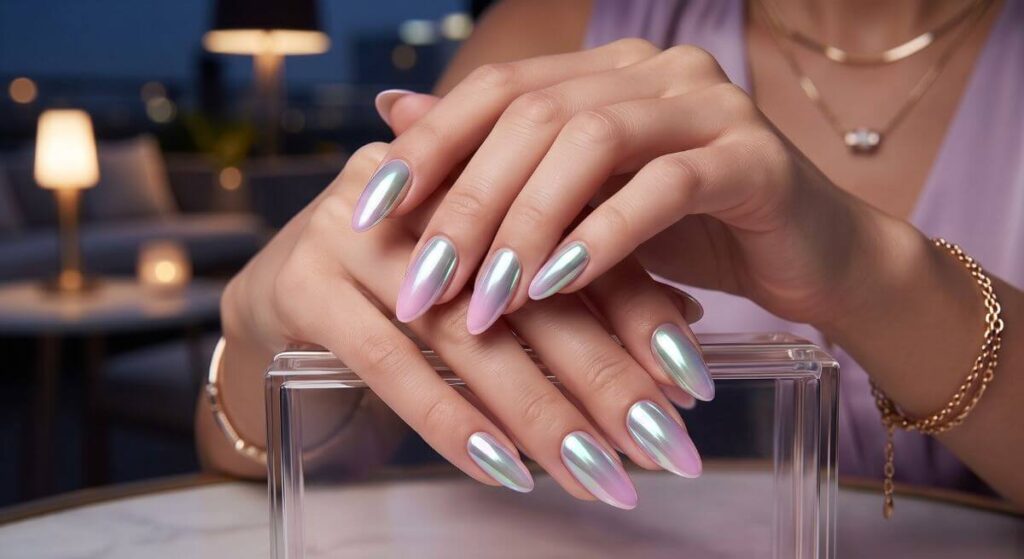 Futurystyczny efekt glazed nails o opalizującym wykończeniu
