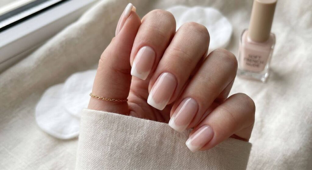 Nowoczesny, rozmyty french manicure w mlecznych odcieniach bieli