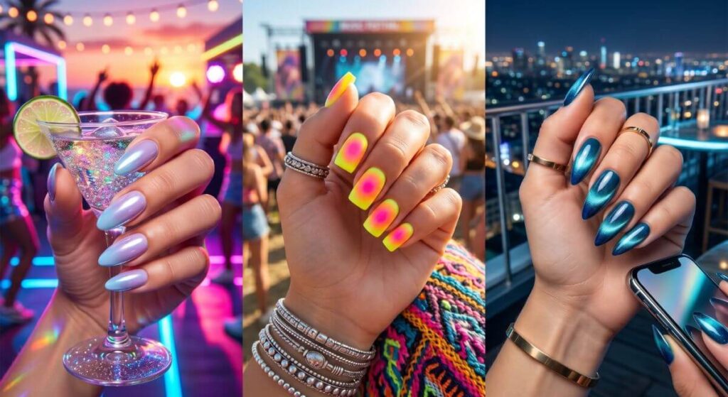 Imprezowe paznokcie na lato ombre z efektem chrome, aura i magnetycznym cat eye