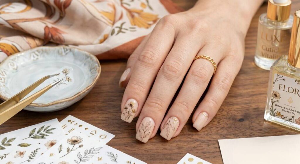 Manicure z delikatnymi czarnymi motywami kwiatowymi naniesionymi za pomocą naklejek
