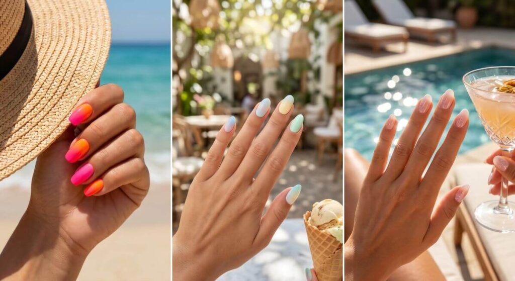 Zestawienie trzech zdjęć prezentujących kolorowe paznokcie na lato ombre idealne na plażę