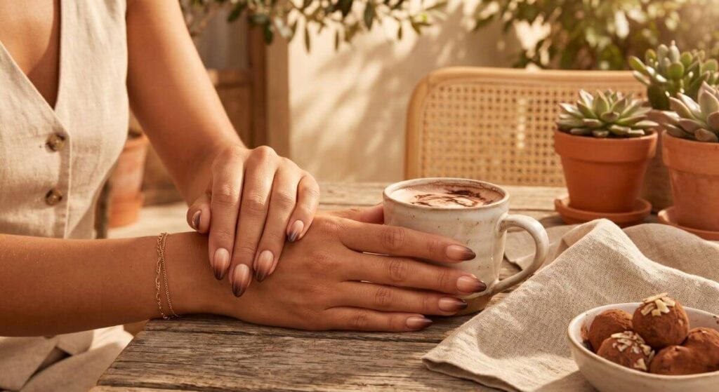 Stonowane paznokcie na lato ombre w kolorze czekoladowego brązu w stylizacji earthy tones