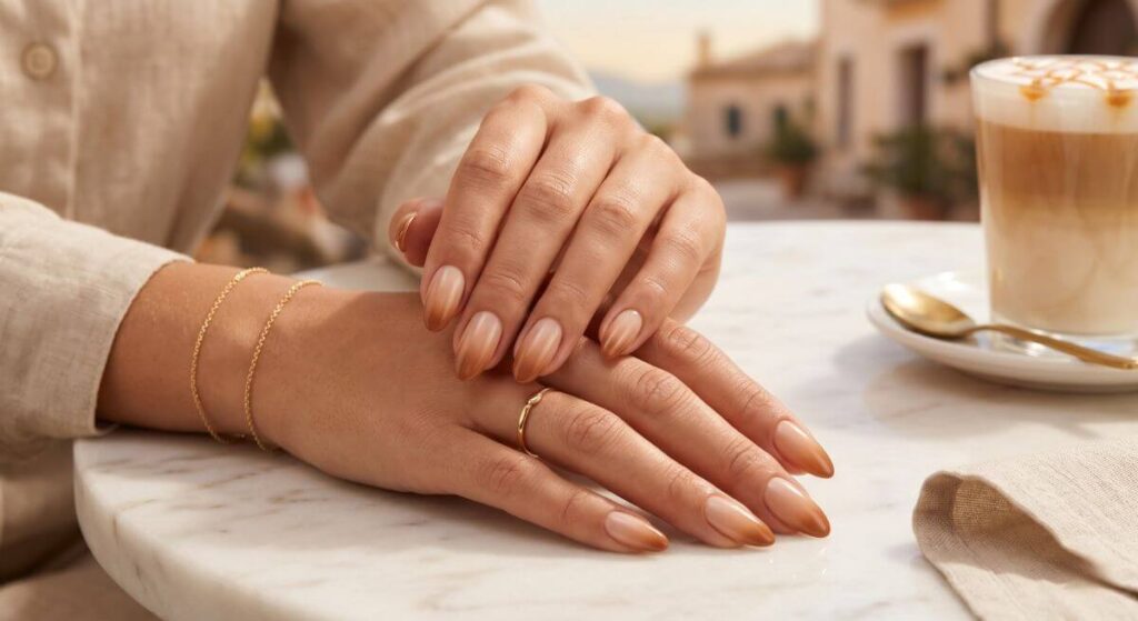 Eleganckie paznokcie na lato ombre w ciepłych tonach beżu i karmelu