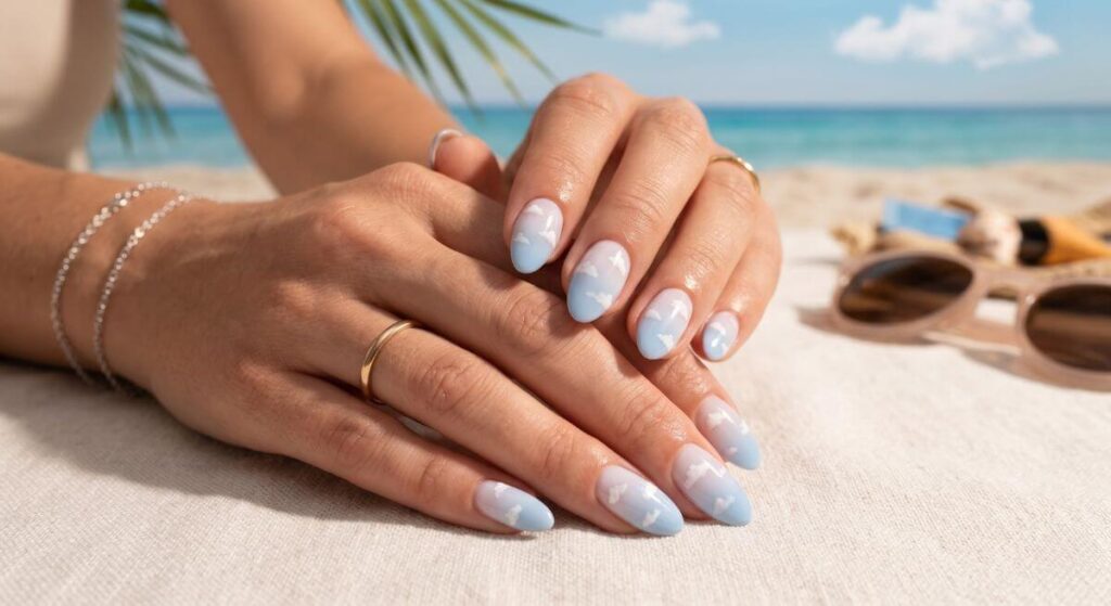 Niebiański błękit z motywem chmur jako artystyczne paznokcie na lato ombre.