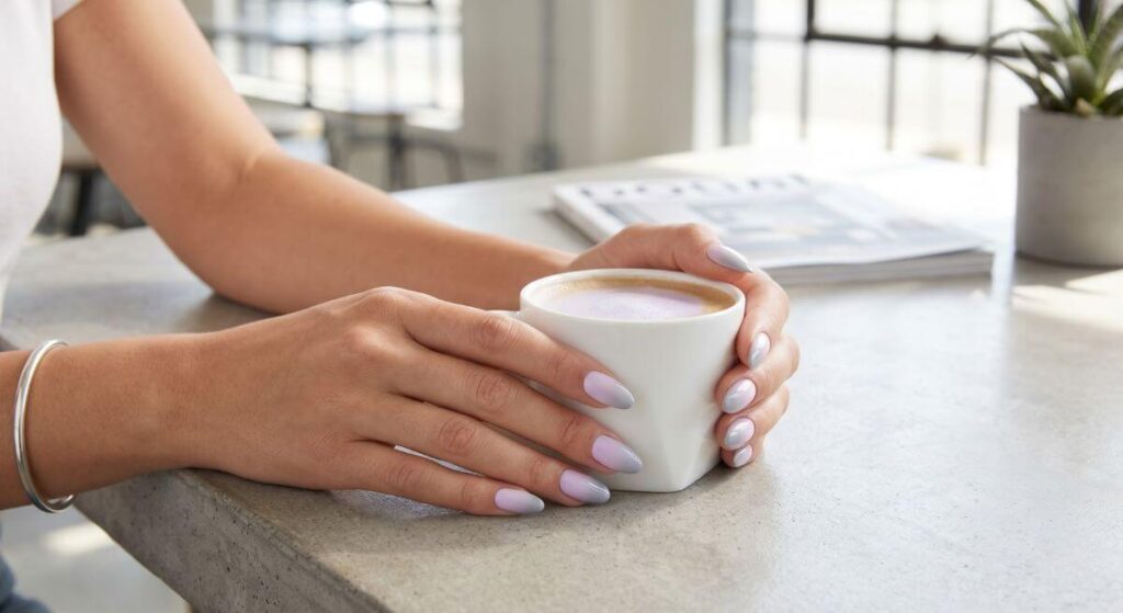 Subtelne paznokcie na lato ombre w odcieniu lawendowym z mlecznym przejściem