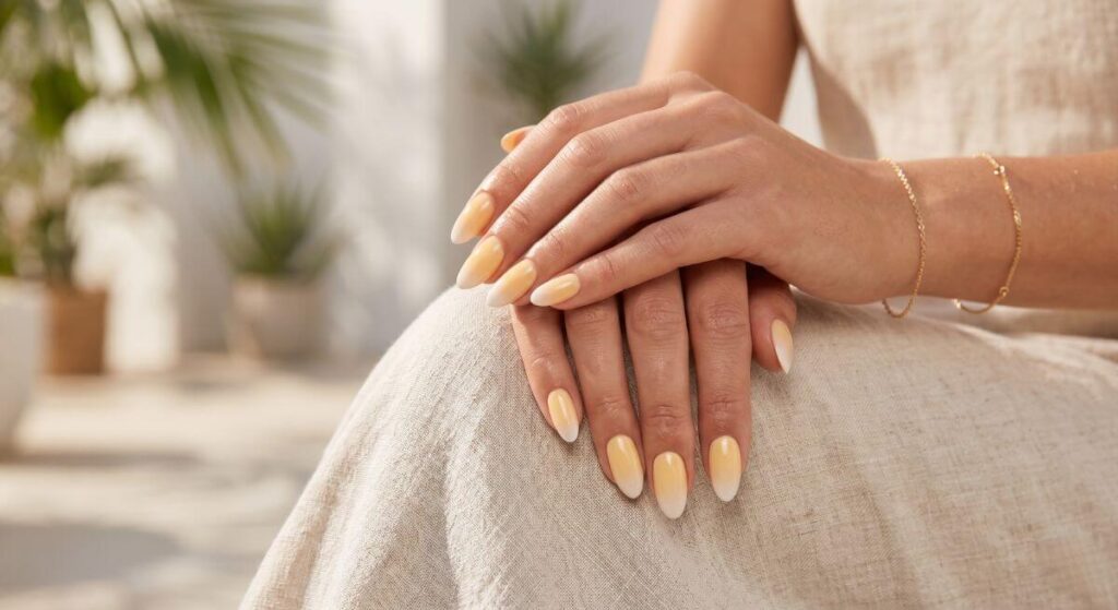 Modna maślana żółć w delikatnej wersji paznokcie na lato ombre