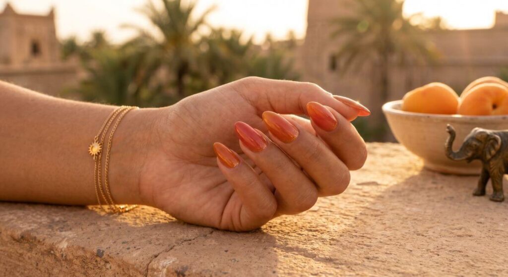 Egzotyczne paznokcie na lato ombre w ciepłych odcieniach pomarańczy z drobinkami brokatu