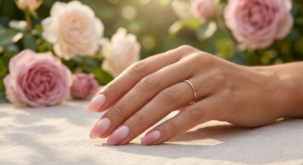 Subtelny i romantyczny manicure z jasnym wykończeniem