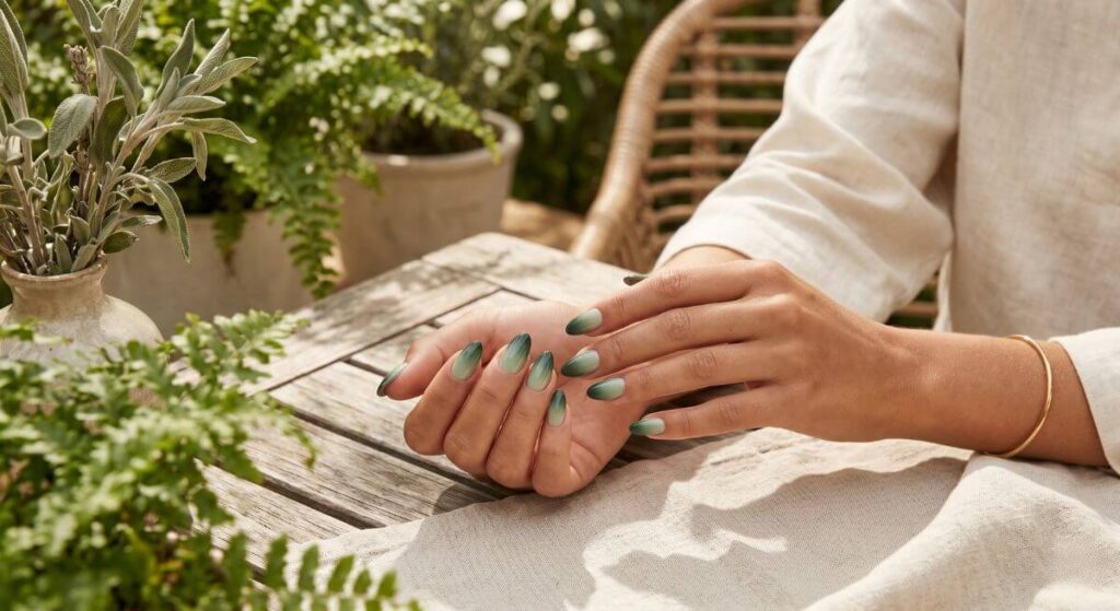 Paznokcie na lato ombre w odcieniach szałwii i butelkowej zieleni 