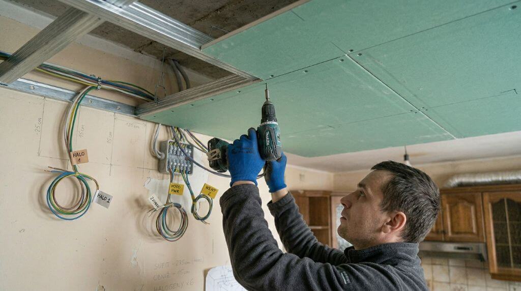 Sufit podwieszany w kuchni - montaż płyt g-k