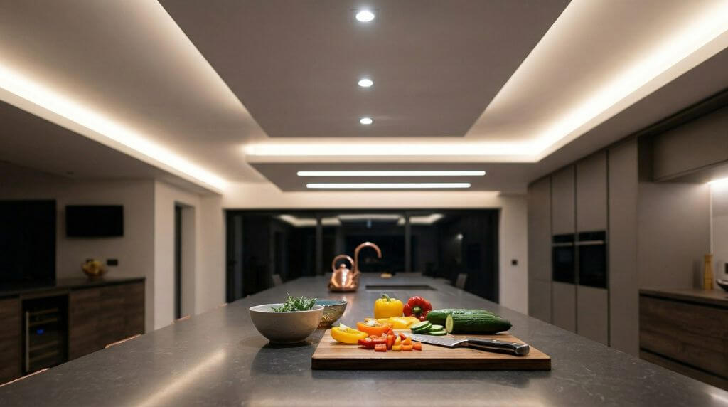 Sufit podwieszany doświetlający blat roboczy w kuchni