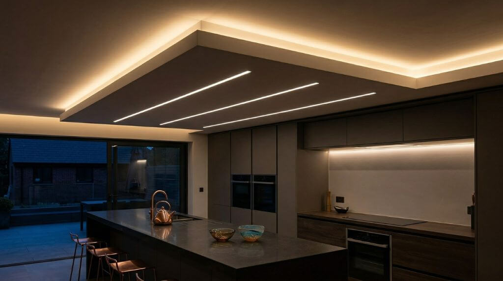 Sufit podwieszany w kuchni z taśmami i panelami LED
