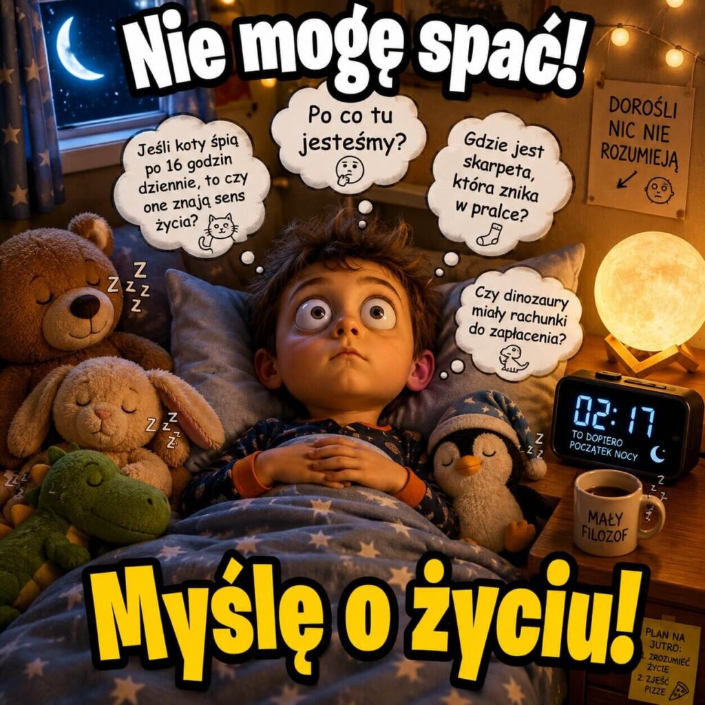 Obrazek z chłopcem myślącym przed snem o życiu