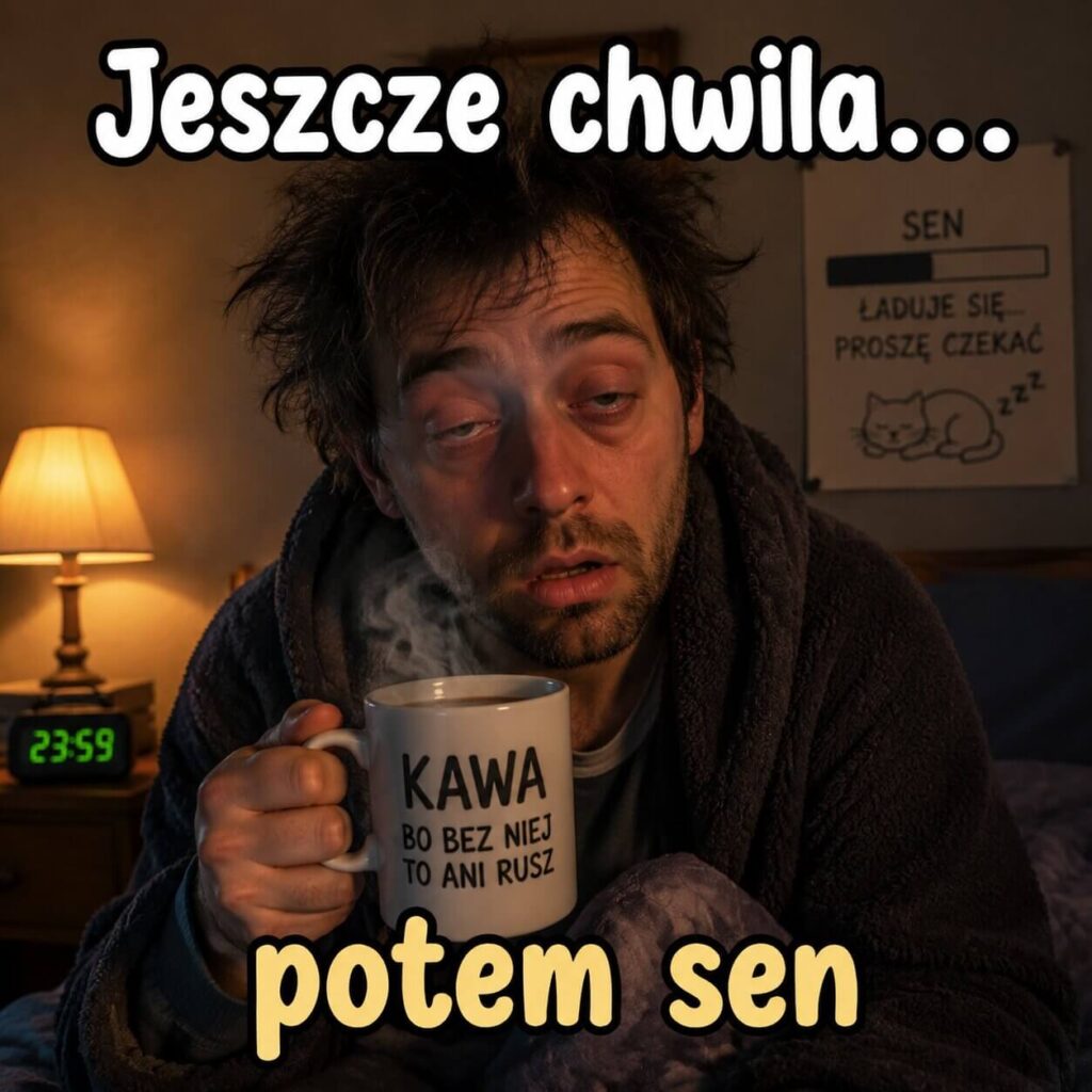 Śpiący mężczyzna z kawą i podpisem "jeszcze chwila, potem sen"