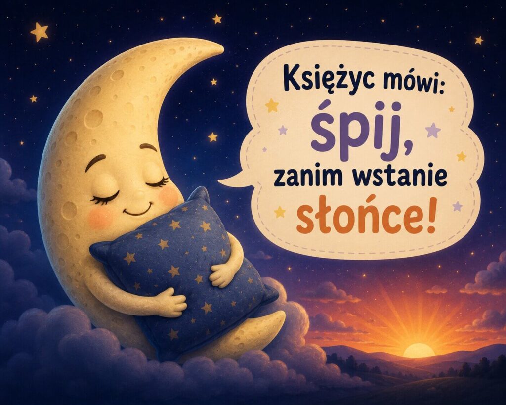 Ilustracja księżyca z poduszką - bardzo śmieszne obrazki na dobranoc