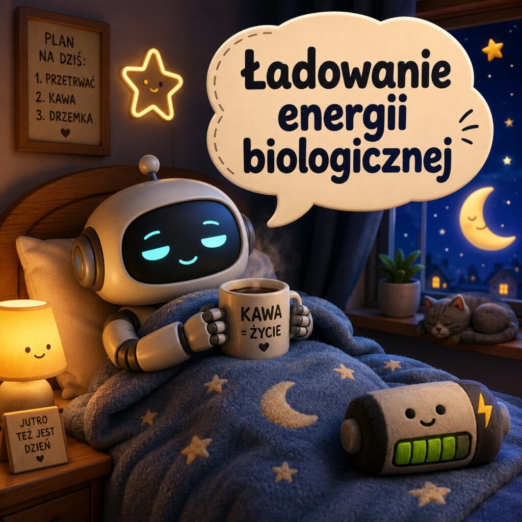 Bardzo śmieszne obrazki na dobranoc - robot pod kocem z kubkiem kawy