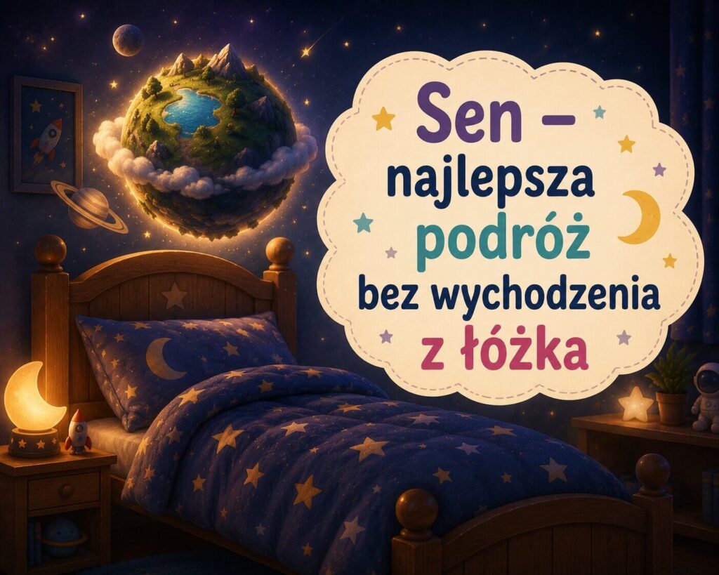 Łóżko z małą planetą nad nim jako mem na dobranoc
