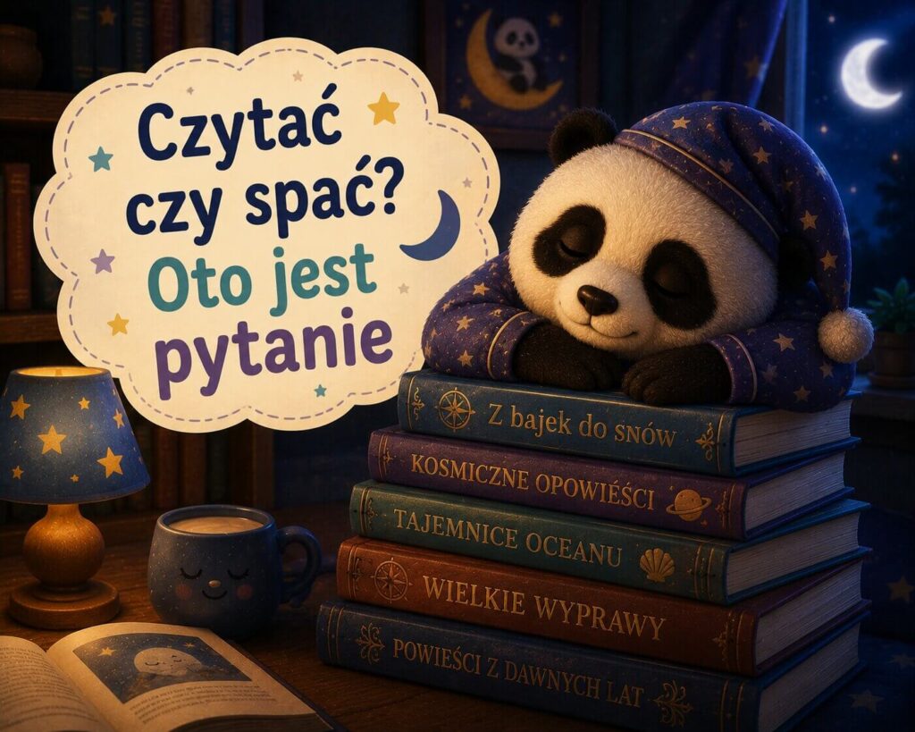 Panda śpiąca na stosie książek