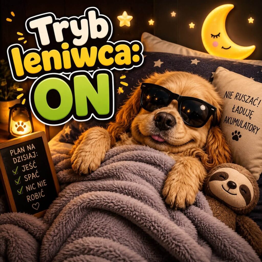 Obrazek z psem i podpisem "Tryb leniwca: on"