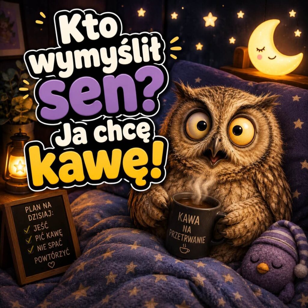 Bardzo śmieszne obrazki na dobranoc - sowa z kawą