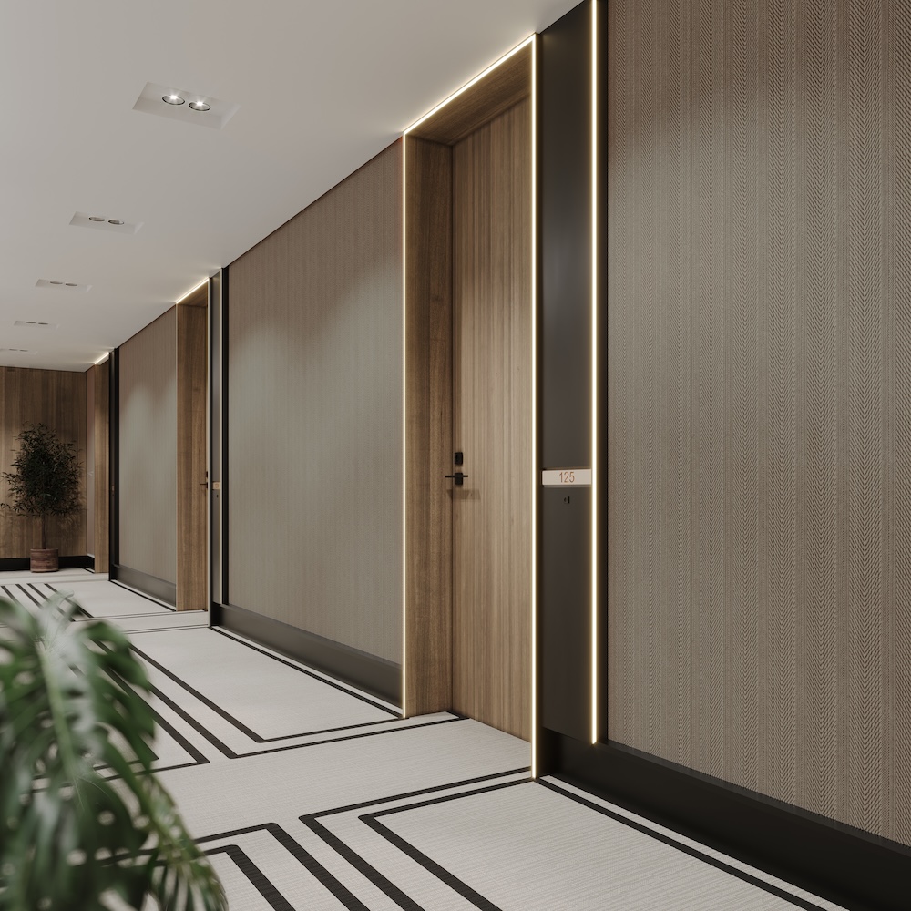 wytapetowany korytarz w hotelu