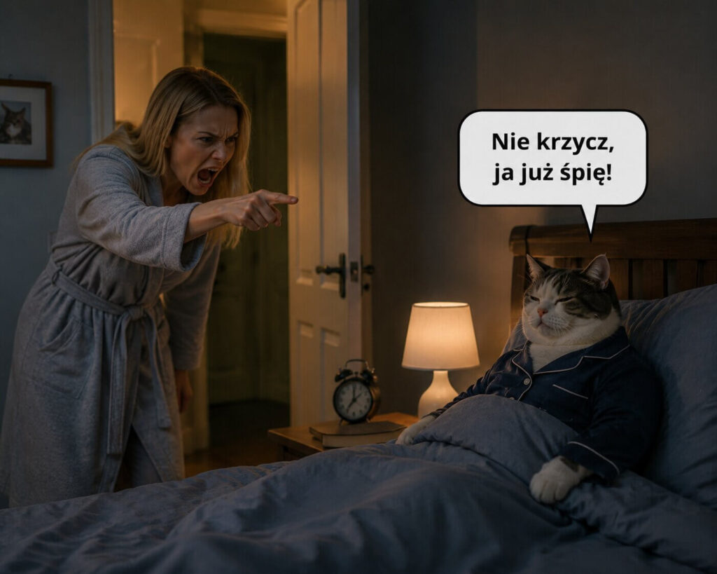 Przeróbka mema Woman yelling at cat w wersji na dobranoc