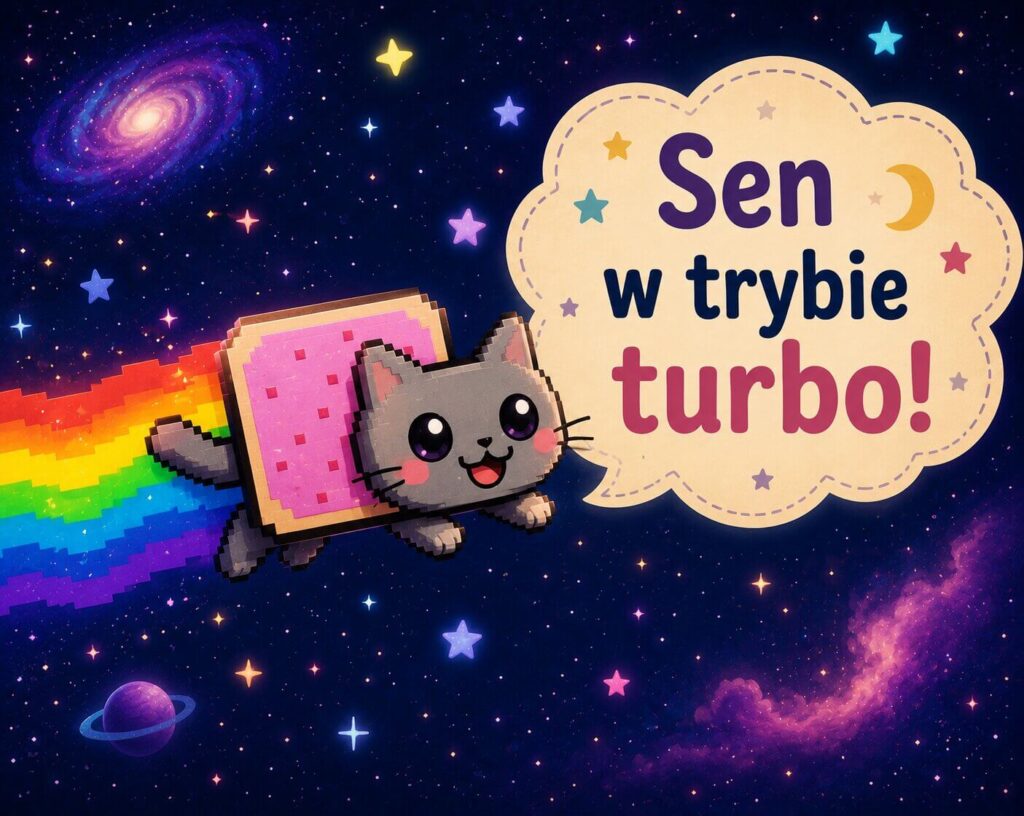 Cat lecący wśród gwiazd - bardzo śmieszne obrazki na dobranoc
