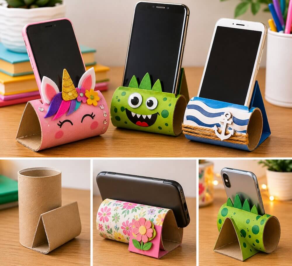 Praktyczny stojak na telefon wykonany z rolki po papierze Cuda z rolek po papierze toaletowym - stojak na telefon DIY