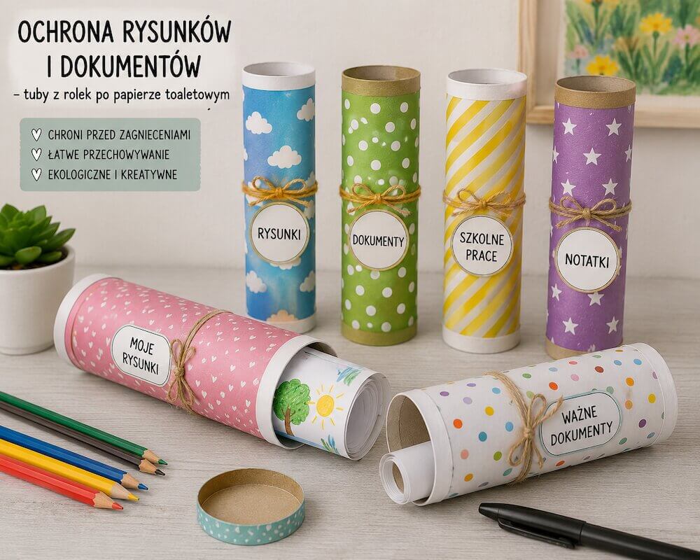 Cuda z rolek po papierze toaletowym - ochrona rysunków i dokumentów Ozdobne tuby z rolek po papierze do przechowywania rysunków i dokumentów