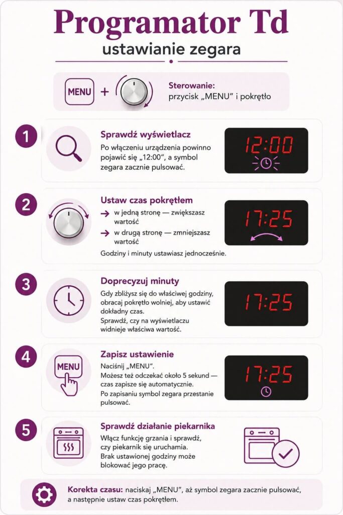 Ustawienie czasu za pomocą przycisku MENU i pokrętła Jak ustawić godzinę na piekarniku Amica z programatorem Td i pokrętłem?
