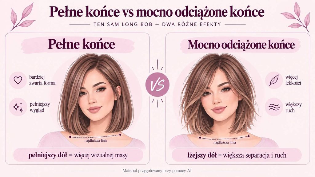 Jak sposób wykończenia końców włosów wpływa ma wygląd long boba? Long bob warstwowy cieniowany - różnica w pełnych a dociążonych końcach